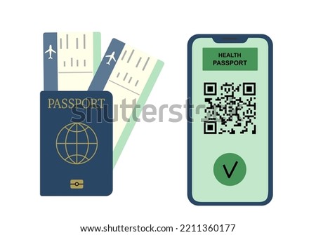 Safe travel with a vaccine. Healthy passport with QR code.  Pass and tickets. Vector illustration 