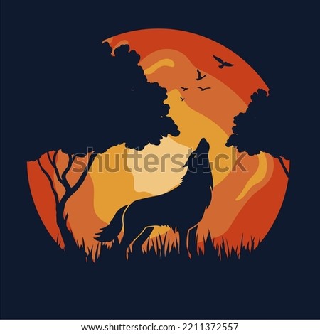 Night Wolf Silhouette Vector  illustration for wallpaper, background, backdrop design, and design template