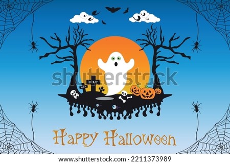 Halloween cute Ghost character pumpkins  skull bat spooky trees with full moonlight shadow illustration