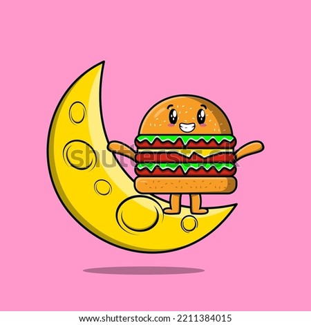 Cute cartoon Burger character standing on the crescent moon in flat modern design illustration