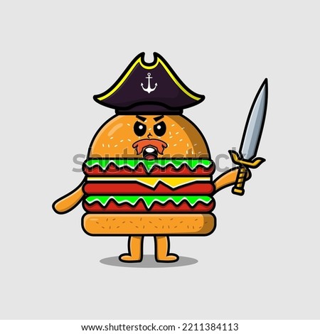 Cute cartoon mascot character Burger pirate with hat and holding sword in modern design