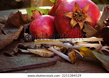 Fresh pomegranates, mushrooms and brown leaves