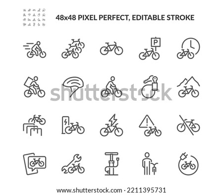 Simple Set of Bicycle Related Vector Line Icons. 
Contains such Icons as Bike Parking, Repair Shop, Outdoor Riding and more. Editable Stroke. 48x48 Pixel Perfect. Royalty-Free Stock Photo #2211395731