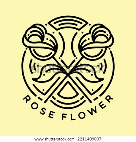 Premium Monoline Rose Flower illustration Vector, natural leaf badge, creative emblem Design For T-shirt Design