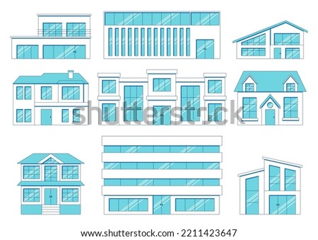 Set of vector white-blue houses in line art style