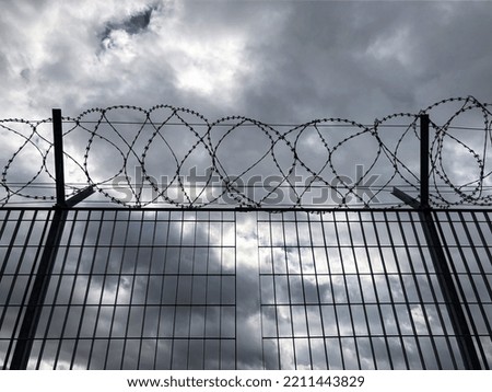 Sharp razor wire fence. Concept of refugee,prison, ,criminal, immigration, detention, boundary or war. Royalty-Free Stock Photo #2211443829