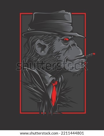 vector illustration image of a chimpanzee in a suit and wearing a red coat and hat, he smokes