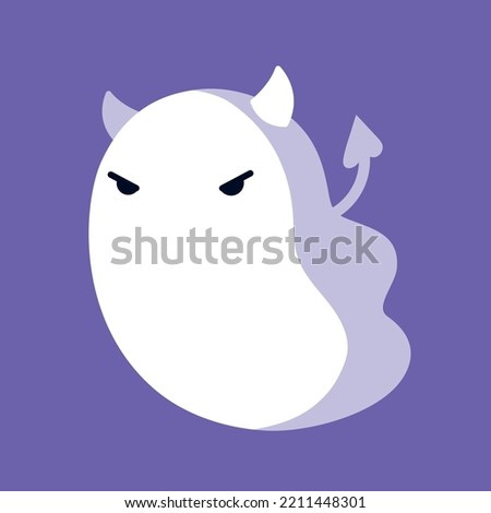 Cute ghost. Happy halloween ghost character, spooky expression creature. Funny scary magic demon with horns, mystery creative nowaday vector clipart