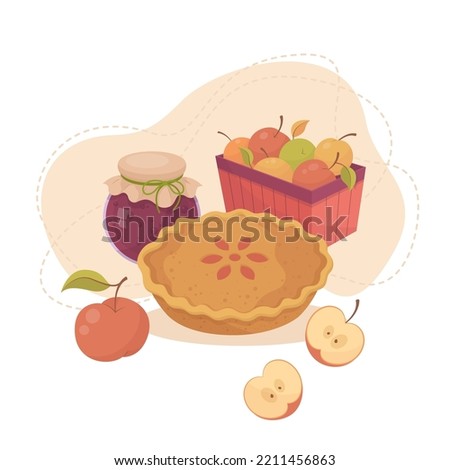 Autumn mood: a pie, a basket of apples, a jar of jam. Vector illustration