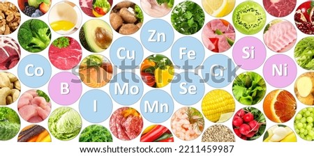 Trace Elements in Food like Fruits, Vegetables, Meat, Fish and others isolated on white background - Panorama Royalty-Free Stock Photo #2211459987