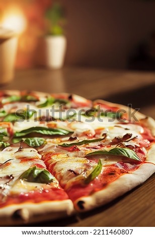  Close up pizza with salami, bacon, champignon, and basilic, delicious Italian food, pizza Margarita, Pepperoni pizza, Pizza on wooden table  Royalty-Free Stock Photo #2211460807
