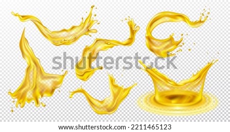 Yellow splash. Oil motion, lemon or pineapple juice, beer drip and drops. Liquid splashing, 3d water waves, advertising soda drink or honey. Realistic elements for design. Vector isolated set Royalty-Free Stock Photo #2211465123