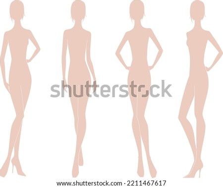 Women figure. Female silhouette walking and standing in various body poses. Fashion croquis template for technical drawing. Vector illustration.