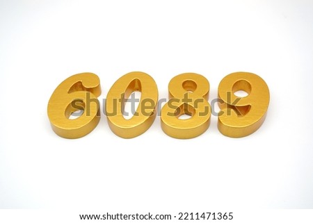    Number 6089 is made of gold-painted teak, 1 centimeter thick, placed on a white background to visualize it in 3D.                               