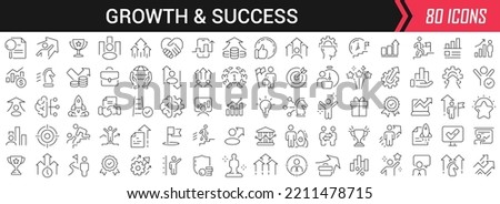 Growth and success linear icons in black. Big UI icons collection in a flat design. Thin outline signs pack. Big set of icons for design