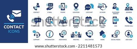 Contact icon set. Containing e-mail, phone, address, customer service, call, website and more. Solid icons vector collection. Royalty-Free Stock Photo #2211481573