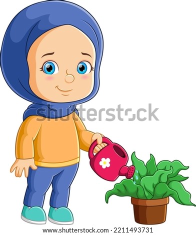 The diligent florist girl is watering the grass on the pot of illustration