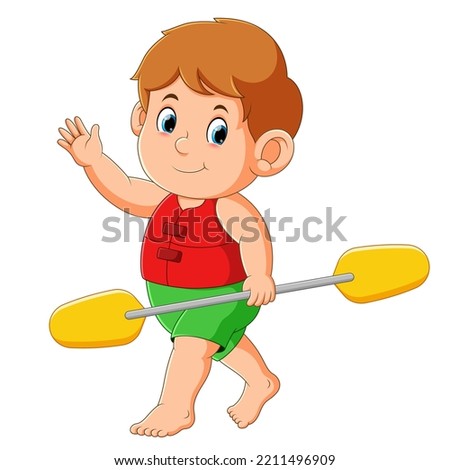 The boy is walking the river with holding the canoe paddle of illustration