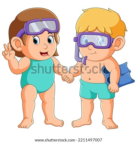 The boy and girl is wearing the flippers and goggles for diving of illustration