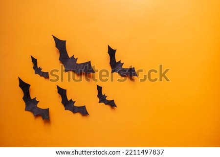 A collage layout for the Halloween holiday. Applications, carving figures in the shape of black bats. View from above. High-quality horizontal photography background