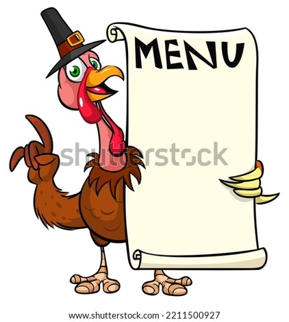 Cartoon thanksgiving turkey bird in pilgrim hat holding menu blank paper. Vector illustration isolated. Design for Thanksgiving Day outlined