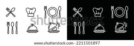 Simple line art spoon, fork, knife, plate, tray, chef hat, and ready-to-eat food or fast food icon vector collection. Restaurant, cuisine, culinary symbol illustration. Cutlery or menu sign silhouette Royalty-Free Stock Photo #2211501897