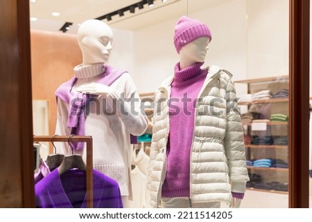 Mannequins in winter clothes in a shop window. Fashion and style, new collection.