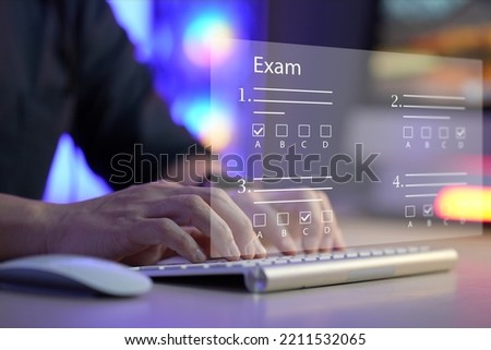 online exam concept, choose correct answer in test. checklist and online testing on laptop. online exam test with laptop. on-line questionnaire results on desktop. quiz.	 Royalty-Free Stock Photo #2211532065