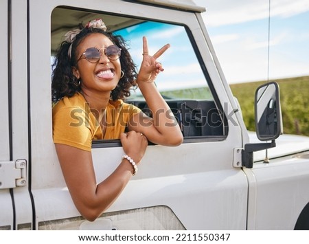 Car, road trip and girl with sign of peace, crazy high energy and on fun transportation adventure in Australia countryside. Hands, travel journey and black woman happy and excited on safari excursion