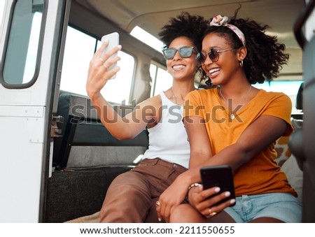 Selfie, road trip and friends live streaming on social media with phone during travel holiday in a van in Jamaica. African women with photo on mobile on vacation in car for camping in summer together