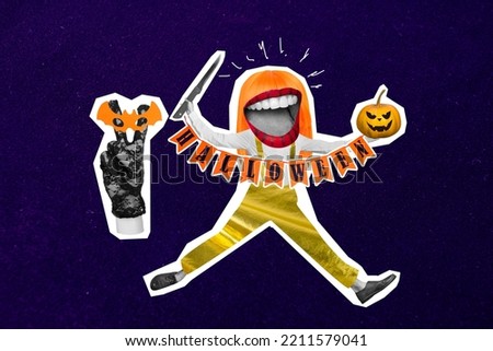 Collage artwork graphics picture of arm showing v-sign holding halloween letters isolated painting background