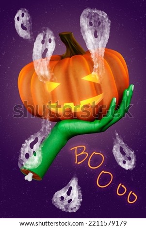 Photo cartoon comics sketch picture of arm holding orange pumpkin flying spirits isolated drawing background