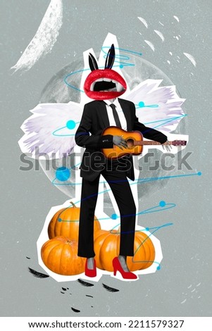 Vertical coollage picture of girl formalwear hold play acoustic guitar vampire mouth instead head isolated on mystery background