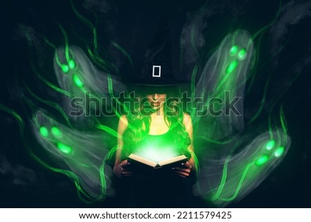 Creative retro 3d magazine image of scary witch reading spell book flying demons isolated painting background