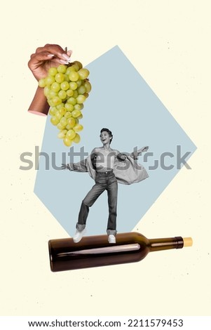 Photo cartoon comics sketch picture of happy smiling lady flying glass bottle looking grape isolated drawing background