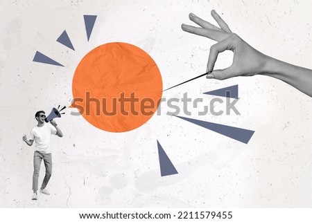 Collage photo of young miniature man boyfriend hold micrphone loud message announcement fake needle air balloon isolated on white color background Royalty-Free Stock Photo #2211579455