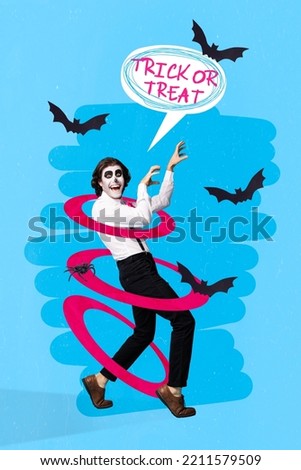 Creative 3d photo artwork graphics collage of dancing mad clown trick or treat want frighten flying bats october halloween costume party