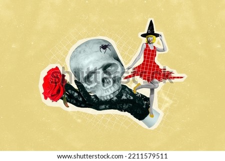 Photo artwork minimal picture of arm holding red rose scary scull mini witch isolated drawing background
