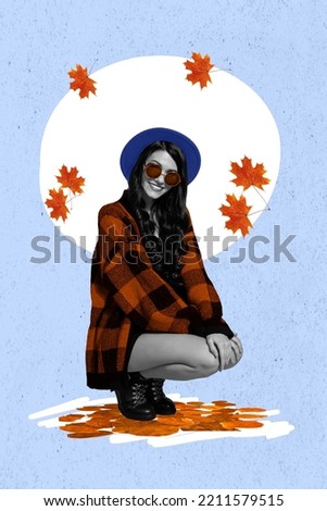 Vertical collage illustration of attractive charming trendy girl squat posing fallen autumn leaves background show new clothes photo model