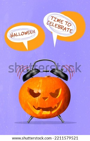 Photo cartoon comics sketch collage of halloween pumpkin head evil face alarm clock ring announce comic bubble time to celebrate
