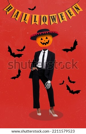 Composite collage image of woman wearing halloween suit heels pumpkin lumberjack head sombrero hat garland party shopping poster