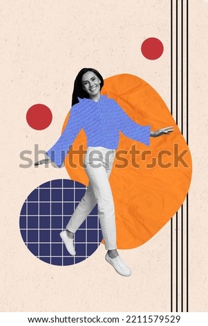 Photo cartoon comics sketch collage of happy smiling walking woman painted comics shirt have fun good mood weekend painting background