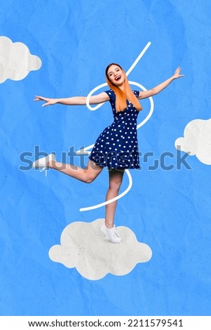 Vertical collage illustration of cheerful pretty girl dancing good mood isolated on drawing clouds sky background