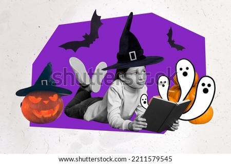 Composite collage image of little witch school girl child read spell book study watching spirits wear wizard hat pumpkin halloween concept