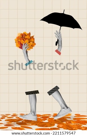 Vertical collage illustration of woman legs hands holding umbrella bunch autumn leaves collect herbarium walking enjoy nature relaxing Royalty-Free Stock Photo #2211579547