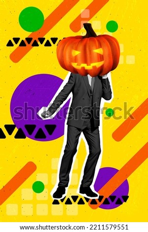 Creative 3d collage artwork postcard magazine sketch flier of young man boy pumpkin instead head isolated on painting orange background
