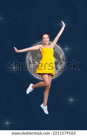 Vertical composite collage portrait of excited positive girl jump flying full moon space sky isolated on drawing background