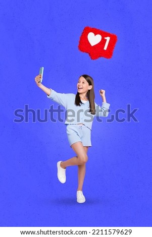 Creative photo 3d collage poster postcard of happy girl telephone streaming make selfie instagram facebook isolated on drawing background