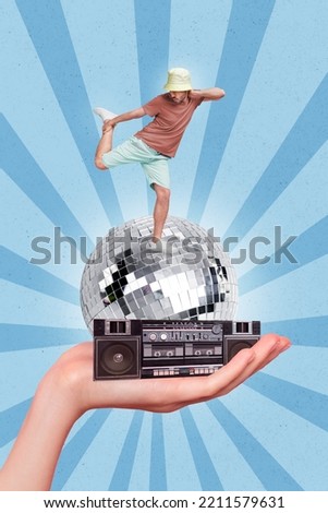 Creative photo 3d collage poster postcard artwork of happy funky funny person dancing hip hop isolated on drawing background