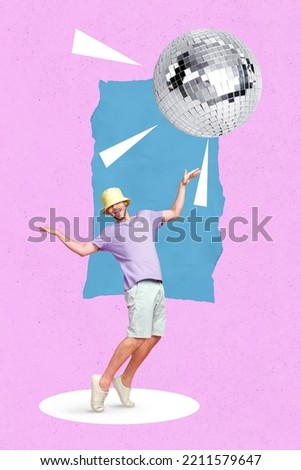 Creative photo 3d collage poster postcard artwork of happy overjoyed excited person enjoy dancing isolated on drawing background